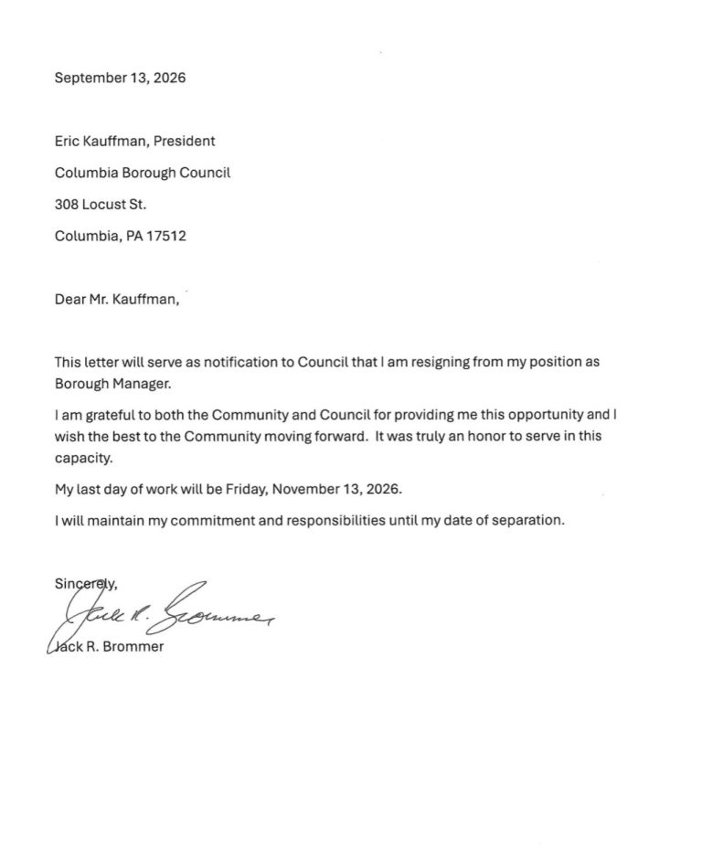 BREAKING: Columbia Borough Manager Jack Brommer Submits Resignation Effective November